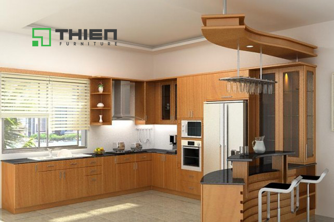 Tủ bếp chữ L thiết kế kiểu quầy bar